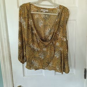 Loft Gold Floral Print Wrap Blouse Side Tie Long Sleeves Size PM